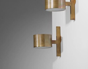 Pair of Solid Brass Wall Sconces, Hans Agne Jakobsson Style EL135, Scandinavian Mid-Century Frosted Glass Sconce, Modern Italian Lighting