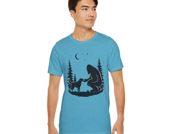 Bigfoot Handshake with Dog Tee | Sasquatch Forest Silhouette, Moonlit Nature Shirt