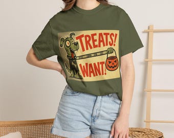 Treats! Want! Dog Halloween T-shirt | Trick or Treat Pumpkin Design