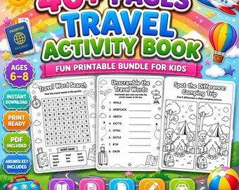 Kids Travel Activity Book: Ages 6-8 Printable Road Trip Games (Digital Download)