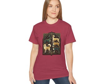 Art Nouveau Dogs T-Shirt | Vintage Canine Illustration, Floral Frame