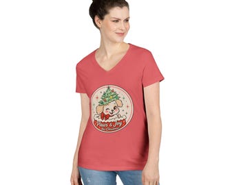 Paws & Joy Christmas Puppy V-Neck T-Shirt | Retro Holiday Dog Tee