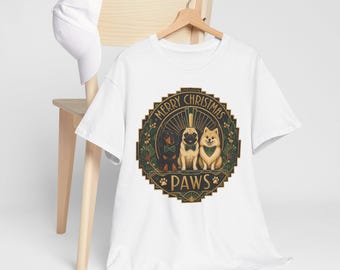 Merry Christmas Paws T-Shirt | Two Dogs Holiday Paw Print