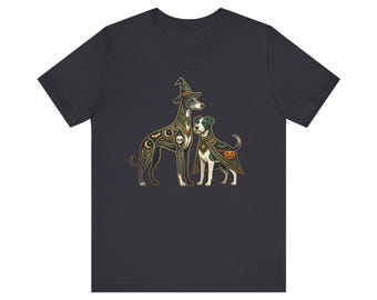 Halloween Skeleton Dogs tee | Orange spooky witch hat dog illustration