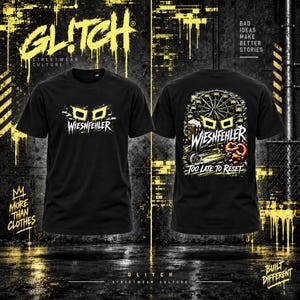 May include: A black short-sleeve t-shirt featuring a yellow graphic on the front with the text WIESNFEHLER. The back displays a detailed yellow and white illustration of a Ferris wheel, a beer mug, and a pretzel with the text WIESNFEHLER TOO LATE TO RESET.