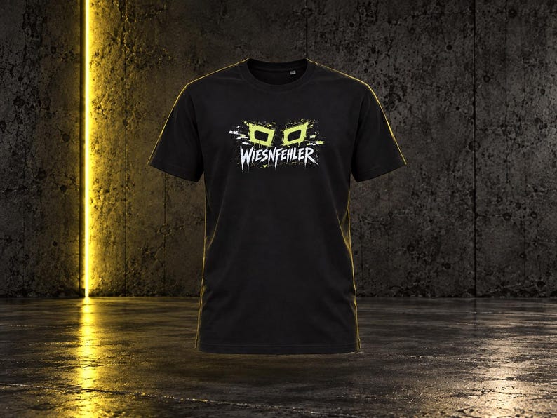 May include: A black short-sleeved t-shirt featuring a graphic on the chest with two lime green rectangular shapes above the white text WIESNFEHLER, which is stylized with a distressed, paint-splatter effect across the center of the garment.