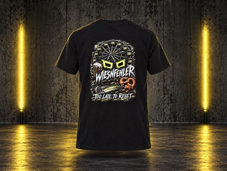May include: A black t-shirt featuring a graphic print on the back. The design includes a Ferris wheel, a beer mug, and a pretzel, with the text "WIESNFEHLER" and "TOO LATE TO RESET" in white and yellow lettering against a dark, distressed background.