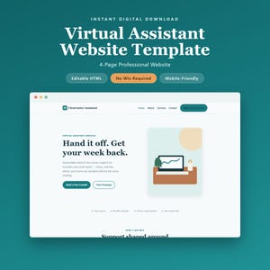 以下が含まれることがあります： 4ページのプロフェッショナルなレイアウトを備えたデジタルバーチャルアシスタントウェブサイトテンプレート。デザインには、Virtual Assistant Website Template、Editable HTML、No Wix Required、Mobile-Friendly、Clearwater Assistantというテキストが含まれています。