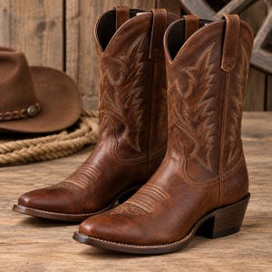 Op de afbeelding: Een paar bruine leren cowboylaarzen met een puntige neus, een blokhak en ingewikkelde decoratieve stiksels op de schacht en de wreef. De laarzen hebben treklussen aan de bovenkant van de schacht en een verweerde afwerking op het leer.