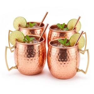 Hamrad kopparmuggset i Moscow Mule, 473 ml, handtag i massiv mässing, bartillbehör i 4 delar