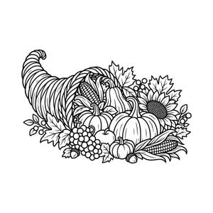 May include: A black and white line art illustration of a cornucopia overflowing with harvest bounty. The horn-shaped basket contains pumpkins, gourds, corn cobs, grapes, an apple, acorns, a large sunflower, and various autumn leaves.