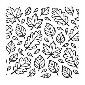 May include: A black and white line art pattern featuring a variety of scattered autumn leaves including maple and oak shapes. The design consists of bold outlines on a plain white background, creating a repeating botanical motif of foliage.