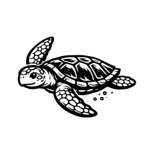 Peut inclure: Une illustration graphique en noir et blanc d'une tortue de mer en train de nager. Le design présente des lignes audacieuses et un contraste élevé, représentant la tortue avec un motif de carapace détaillé, des nageoires texturées et des bulles.