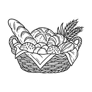 Op de afbeelding: Een zwart-witte lijntekening van een gevlochten mand gevuld met diverse bakproducten, waaronder een lang stokbrood, een rond brood, bolletjes en een croissant, geaccentueerd met twee korenaren aan de zijkant van de mand.