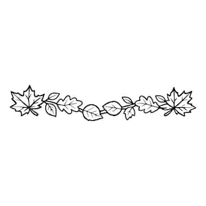 May include: A black and white line art illustration of a horizontal decorative border featuring a central stem with various leaves, including maple and oak shapes, extending outward to symmetrical leaf clusters on both the left and right ends.
