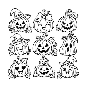 May include: A collection of nine black and white line art illustrations featuring various pumpkins. The designs include pumpkins wearing witch hats, pumpkins with bows, jack-o'-lantern faces, heart-shaped eyes, and a ghost-like pumpkin figure.
