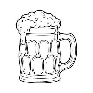 Puede incluir: Una ilustración de arte lineal en blanco y negro de una jarra de cerveza con un asa gruesa y una textura de vidrio con hoyuelos. La jarra está llena hasta el borde con una espuma espesa que se desborda por el lado izquierdo en burbujas.