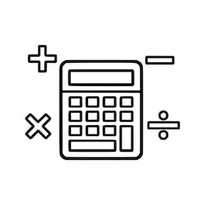May include: A black and white line art icon of a calculator positioned in the centre. The calculator features a rectangular display screen and a grid of square buttons. Surrounding the calculator are four mathematical symbols: plus, minus, multiply, and divide.