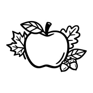 May include: A black and white line art illustration of a central apple with a single leaf on top. The apple is flanked by a maple leaf on the left, an oak leaf on the right, and two small acorns with leaves positioned at the bottom right corner.