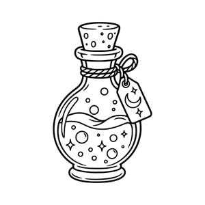 May include: A black and white line art illustration of a round glass potion bottle with a cork stopper. The bottle contains liquid with bubbles and stars, and a small rectangular tag tied to the neck features a crescent moon and star symbols.