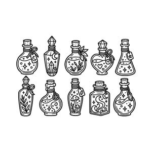 Può includere: Una collezione di dieci illustrazioni in bianco e nero a tratto di boccette di pozione in vetro. Ogni boccetta presenta dettagli unici tra cui tappi di sughero, cristalli, foglie, funghi, stelle, cuori e simboli di luna crescente su etichette.