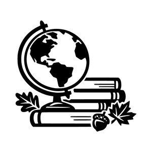 May include: A black and white graphic illustration featuring a globe on a stand positioned atop a stack of three horizontal books. The composition is accented by two stylised maple leaves and a single acorn placed near the base of the books.