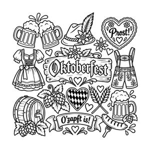 Könnte beinhalten: Eine schwarz-weiße Strichzeichnung mit Oktoberfest-Elementen, darunter zwei anstoßende Bierkrüge, ein Hut mit Feder, ein herzförmiger Keks mit dem Text Prost!, ein Dirndl, eine Lederhose, ein Holzschild mit der Aufschrift Oktoberfest, ein Fass, Hopfen, Weizen und eine Wurst mit dem Text O'zapft is!