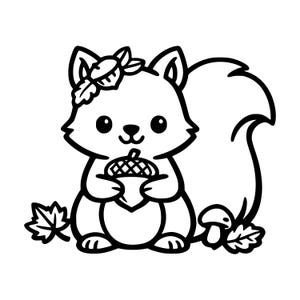 May include: A black and white line art illustration of a squirrel holding an acorn. The squirrel has a small acorn cap on its head, a large bushy tail, and is surrounded by two maple leaves and a small mushroom at its feet on a white background.