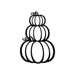 May include: A black and white line art illustration of three pumpkins stacked vertically in a tower formation. The pumpkins are depicted with simple outlines, featuring rounded segments and small curly vine tendrils at the top.