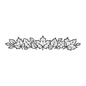 May include: A black and white line art illustration featuring a horizontal arrangement of various autumn leaves, including maple and oak leaves, organised in a dense, symmetrical pattern that creates a decorative border design.