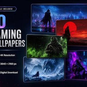 Peut inclure: Un lot numérique de 10 fonds d'écran de jeu en résolution 4K, 3840 x 2160 px. L'affichage présente diverses scènes, dont une silhouette encapuchonnée dans une ville, un samouraï devant un soleil rouge, un soldat dans la fumée verte, un dragon.