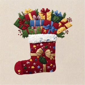 Christmas Gift Stocking Embroidery File, Festive Presents Holly and Bows, Holiday Machine Embroidery Design