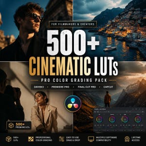 May include: A digital product advertisement for 500+ Cinematic LUTs pro color grading pack. The graphic features text overlays, software compatibility icons for DaVinci, Premiere Pro, Final Cut Pro, and CapCut, and four photographic examples.