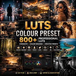 Puede incluir: Una pantalla de producto digital que presenta el texto LUTS COLOUR PRESET 800+ PROFESSIONAL LUTS con varios ejemplos fotográficos que incluyen paisajes urbanos, naturales, retratos y un monitor de computadora con una interfaz de software de color.