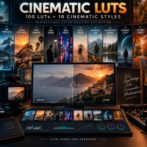 May include: A digital color grading collection featuring 100 LUTs and 10 cinematic styles. The display shows a before and after comparison of a landscape, with a control panel below displaying color histograms, curves, and circular color wheels.