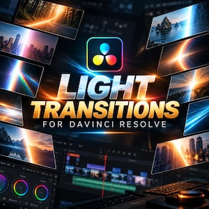 May include: A digital graphic featuring the text LIGHT TRANSITIONS FOR DAVINCI RESOLVE in bold gold lettering, centered above a video editing interface. Surrounding the text are multiple rectangular panels displaying various light effects.