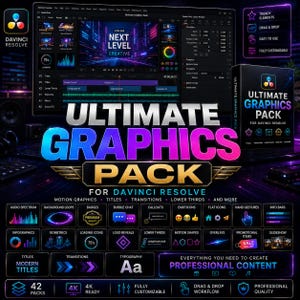 Può includere: Un pacchetto di prodotti digitali intitolato Ultimate Graphics Pack per DaVinci Resolve, caratterizzato da un'interfaccia scura con testo blu e rosa neon, che mostra grafiche animate, titoli, transizioni, terzi inferiori e icone.