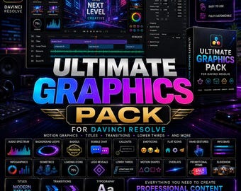 Pacchetto di modelli grafici per DaVinci Resolve, grafica animata DRFX, titoli, transizioni, titoli in sovrimpressione, infografiche e sovrapposizioni.