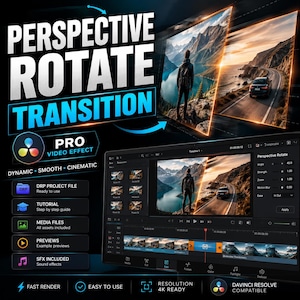 May include: A digital video editing effect package titled PERSPECTIVE ROTATE TRANSITION. The graphic displays a computer screen showing the DaVinci Resolve interface, project files, tutorial guides, media assets, previews, and sound effects included.