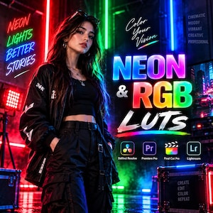 May include: A digital graphic advertisement for Neon & RGB LUTs featuring a person in a black jacket and pants against a neon-lit background. Text includes Neon Lights Better Stories, Color Your Vision, and software icons for DaVinci Resolve, Premiere Pro, Final Cut Pro, and Lightroom.