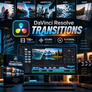 Puede incluir: Un paquete de producto digital para DaVinci Resolve Transitions que incluye 116+ plantillas, efectos de sonido y un tutorial. La pantalla muestra un monitor con software de edición de video, una caja con el título y cinco ejemplos de transiciones.