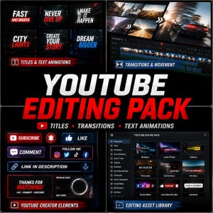 Puede incluir: Un paquete de edición digital para YouTube que incluye varios recursos de video como animaciones de texto, títulos, transiciones y elementos de creador como botones de suscripción, iconos de redes sociales y pantallas finales en una interfaz.