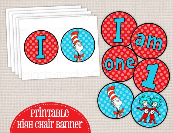Adorable Cat in the Hat Thing 1 & 2 Polka Dots Printable DIY High Chair Banner "I am one/1" Il_570xn