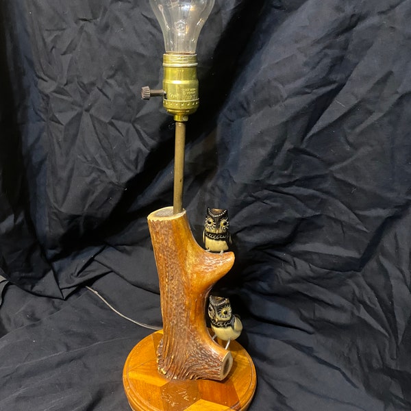 Vintage kitschy owl carved antler lamp 1950’s