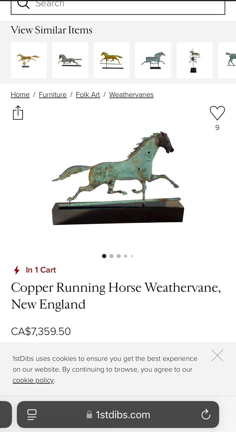 May include: A copper running horse weathervane, with a green patina, on a black base. The weathervane is a traditional New England design.  The price is CA$7,359.50.