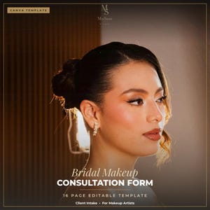 Könnte beinhalten: Eine Canva-Vorlage für ein bearbeitbares 16-seitiges Braut-Make-up-Beratungsformular. Das Design zeigt das Profil einer Person mit eleganter Hochsteckfrisur, Lidstrich und goldenen Ohrringen. Text: MoSam Studio, Bridal Makeup CONSULTATION FORM.