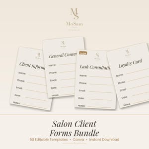 Könnte beinhalten: Ein Set aus vier beigefarbenen Salon-Kundenformularen mit dem MoSam Studio Logo. Die Karten sind mit Client Information, General Consent, Lash Consultation und Loyalty Card beschriftet und enthalten Zeilen für Name, Telefon, E-Mail, Datum und Notizen.