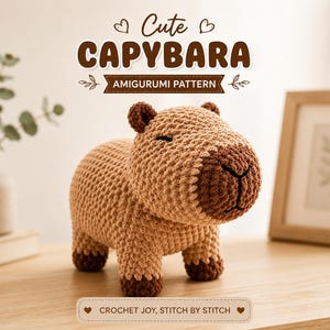 Peut inclure: Un jouet capybara au crochet fait avec du fil marron clair et un museau, des oreilles et des pattes marron foncé. Le texte au-dessus indique Cute CAPYBARA AMIGURUMI PATTERN, et le texte en dessous indique CROCHET JOY, STITCH BY STITCH.