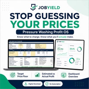 Op de afbeelding: Een digitale marketingafbeelding voor JobYield Pressure Washing Profit OS met een laptop en tablet die een offertebouwer en winstdashboard tonen. De tekst luidt: STOP GUESSING YOUR PRICES, Know what to charge. Know what you'll actually make.