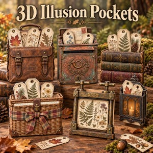 May include: A collection of 3D Illusion Pockets featuring a brown leather satchel, a metal mailbox, a stack of three books, a woven basket with a plaid bow, a metal press, and a wall lantern, all displaying botanical tags with leaves and flowers.